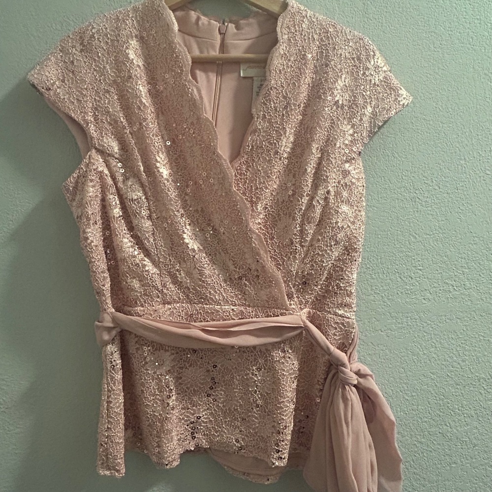 Jeanne Alexande Sequin Lace Top Wrap‎ Style Party Blouse Blush Pink L